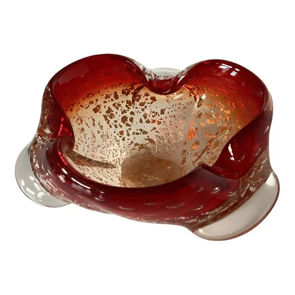 Murano Venetian Art Glass Bowl Hand Blown Red And Gold Flecks Italy MCM Vintage - Picture 7 of 16